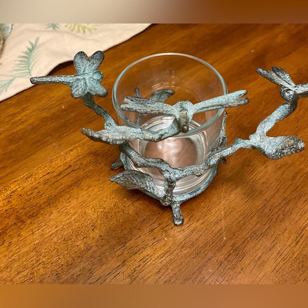Decorative Dragonfly Votive Holder in Patina Green Metal